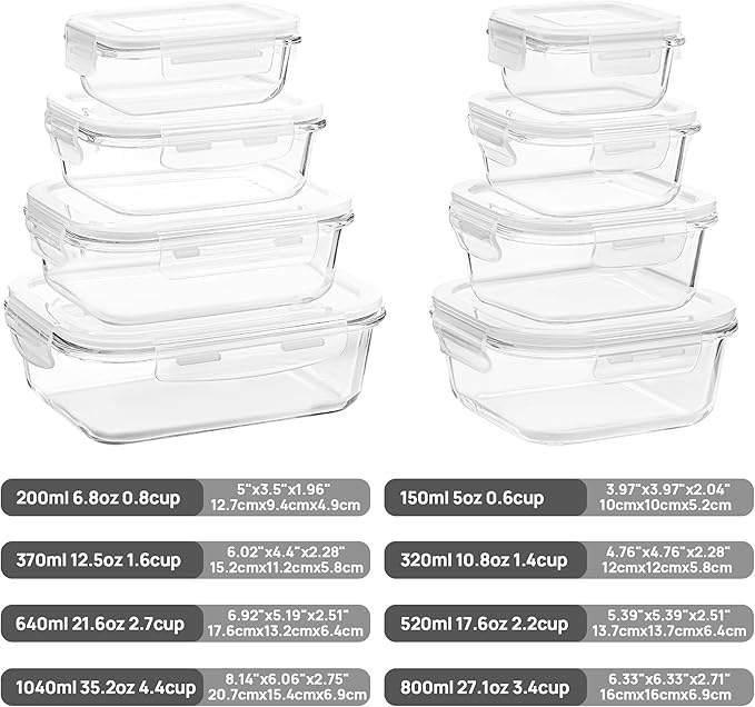 Vtopmart 8 Pack Glass Food Storage Containers with Airtight Lids | Meal Prep Lunch Containers, Leakproof, Leftover Storage, Take-out, Microwave, Oven, Freezer and Dishwasher Safe, BPA Free