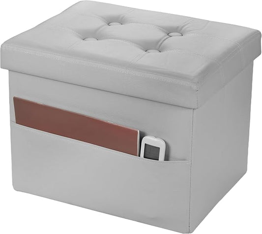 Bsketa Storage Ottoman Bench,17 Inch Folding Leather Foot Rest Stool, Grey | Small Ottoman with Side Pockets, Thicker Foam Padded Seat, Livingroom, Dorm, Bedroom, Easy to install, 43L,17x13x13in