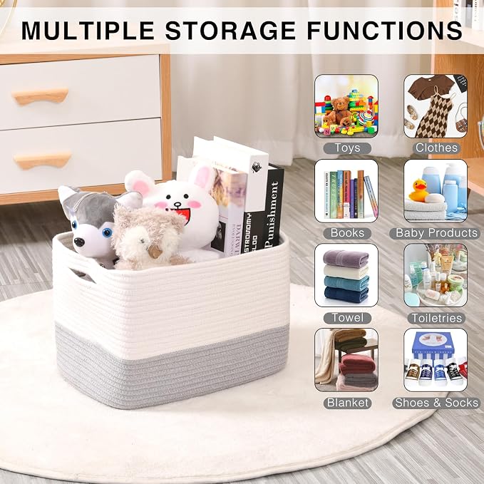 ICERZCZ Storage Baskets for Organizing Shelves, Woven Cotton Rope Bins for Baby Nursery Organization, Book Toy Towel Organizer, 15"x11"x9.5", 3 Packs, Off White & Grey