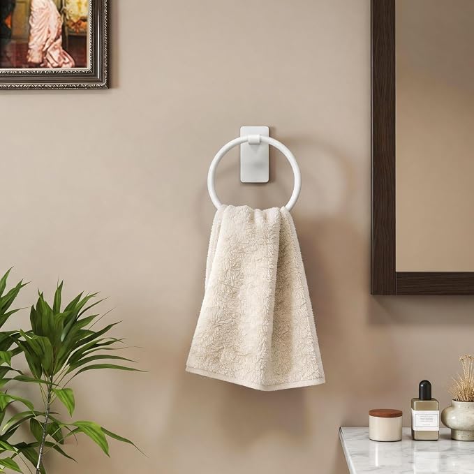 STWWO Hand Towel Holder Adhesive, Round Towel Ring for Bathroom RV, White | for Bath RV Kitchen, Self Adhesive Wall Mounted, No-Drill Stick On Renter Friendly