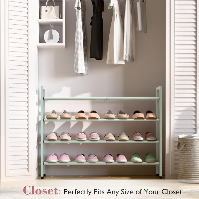 Bumusty 4 Tier Expandable Shoe Rack for Closet, Green | 18"-33" Adjustable Shoe Rack for Entryway, Small Shoe Organizer for Dorm, Front Door, Sturdy Metal