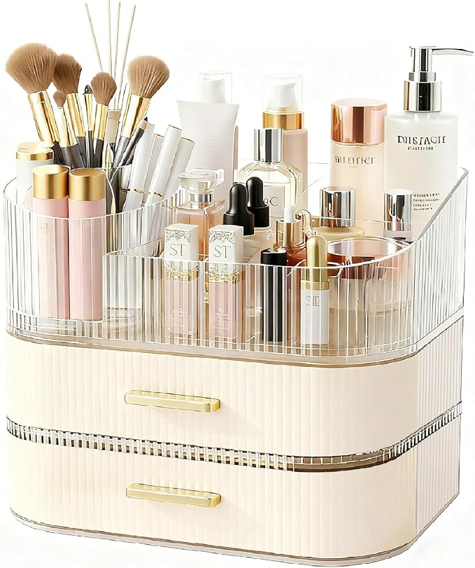 Makeup Organizer for Vanity with Stackable Drawers, 360 Rotating Makeup Brush Holder Large Cosmetic Display Case for Dresser, Bathroom Countertop Skincare Storage, Ideal Gift for Girls (3-layer)