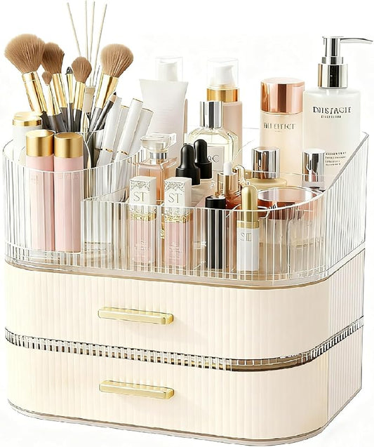 Makeup Organizer for Vanity with Stackable Drawers, 360 Rotating Makeup Brush Holder Large Cosmetic Display Case for Dresser, Bathroom Countertop Skincare Storage, Ideal Gift for Girls (3-layer)