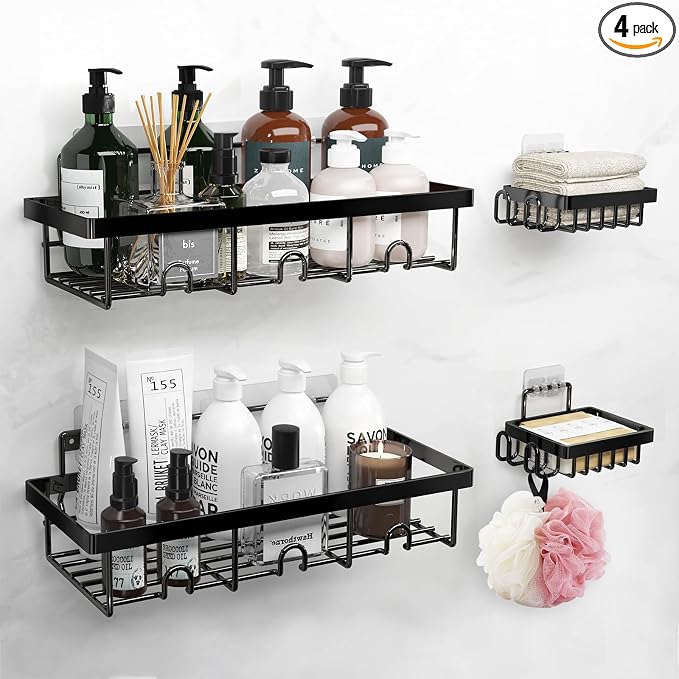 Adhesive Shower Caddy 4-Pack, Rustproof Stainless Steel Shower Organizer, Shower Shelves for Inside Shower Storage, Heavy-Duty No-Drill Rack with Built-in Hooks for Bathroom & RV