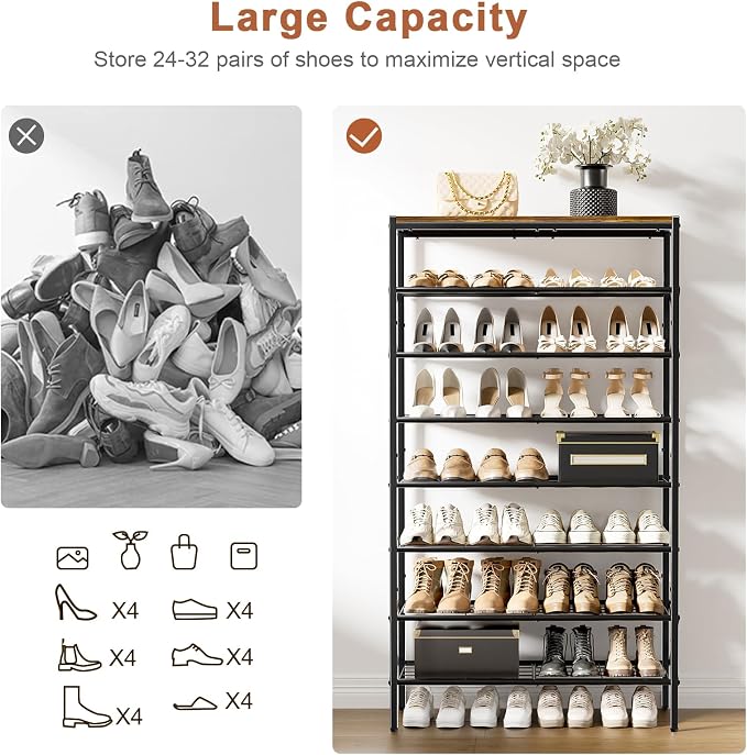 8 Tier Metal Shoe Rack with Wood Top, 24-32 Pairs Rustic Brown | 52in tall maximizes vertical space. 2 iron sheets for heels. Remove a layer for tall boots. Versatile for home.