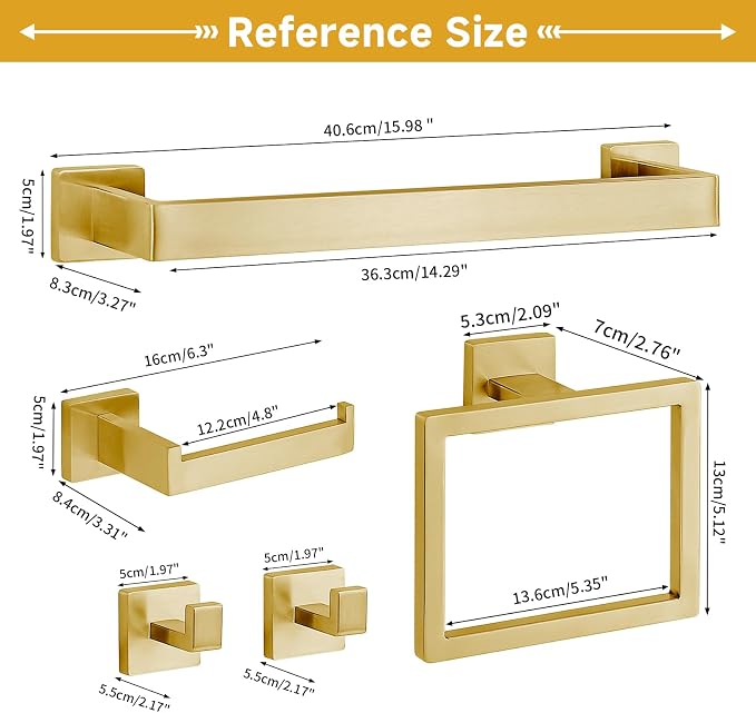 5-Piece Brushed Gold Bathroom Accessory Set, 16 Inch Bathroom Hardware Set, Towel Racks for Bathroom, SUS304 Stainless Steel Wall Mounted Bath Towel Bar Set
