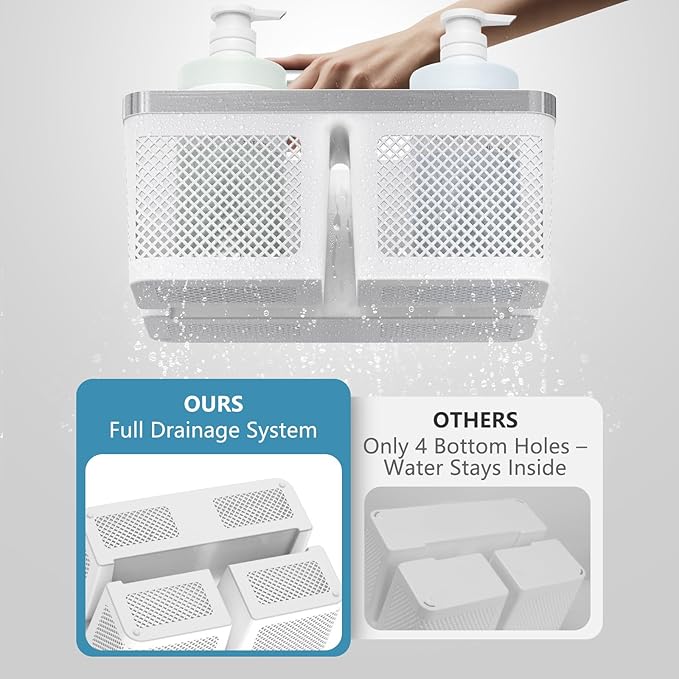 BYUNER Plastic Shower Caddy Dorm: Portable Bathroom Caddy Organizer with Handle and Holes, Cleaning Basket, Hard Shower Basket Storage Tote for Toiletry, College Dorm Room Essentials White/Silver