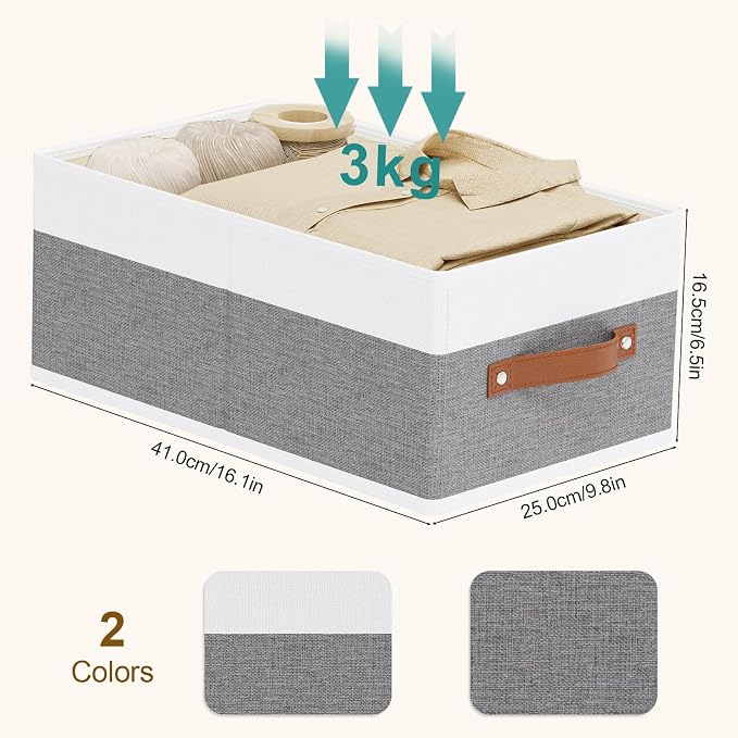 Fabric Storage Boxes,16.1×9.8×6.5In,White/Grey Bins,6Pack | Storage Baskets with Handles,Collapsible Clothing Bins,Fabric Drawers,Closet Organizer for Shelves Wardrobe