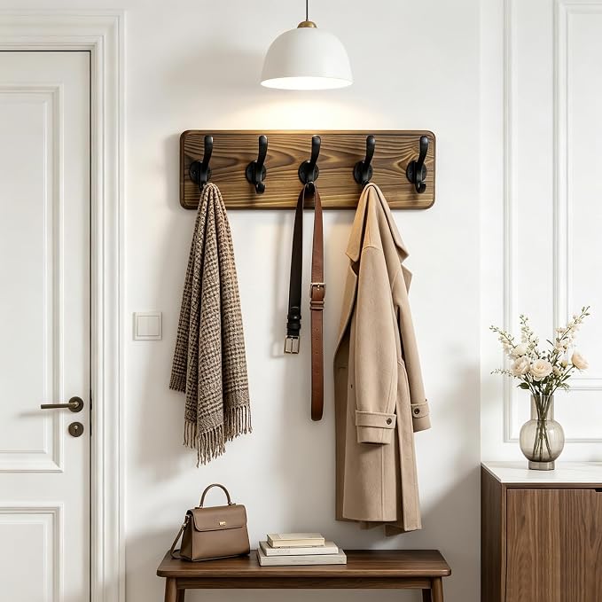 17" Coat Rack Wall Mount with 5 Metal Hooks, Rustic Wall Mounted Coat Rack | Pine Solid Wood Coat Hook Hanger - Wall Coat for Hanging Clothes Key Robes Towels Coats