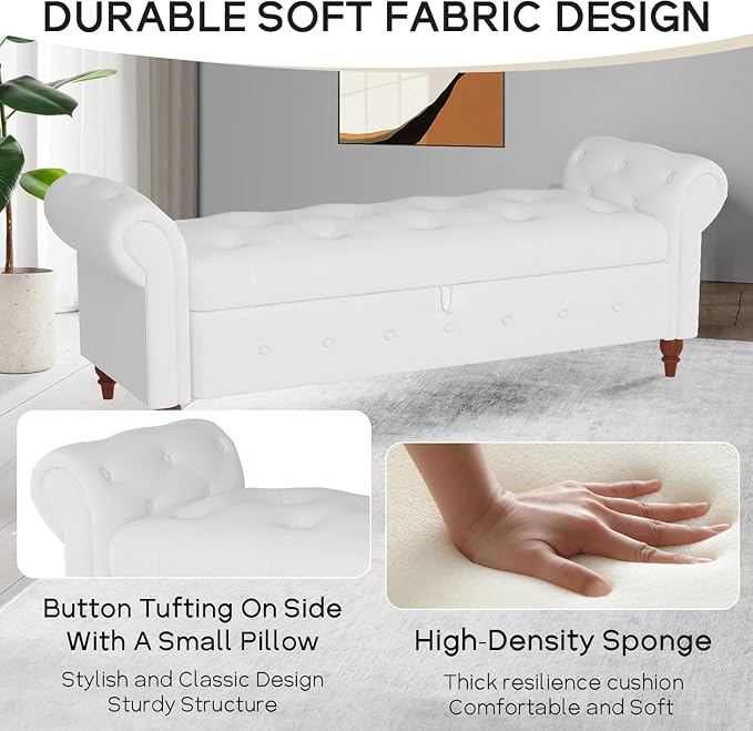 NIOIIKIT 63'' Storage Ottoman Bench, Tufted Entryway Bench White Polyester | Button Tufted End of Bed, Large Storage Space, Rolled Armed Ottoman Couch Long Bench for Bedroom, Living Room, Hallway