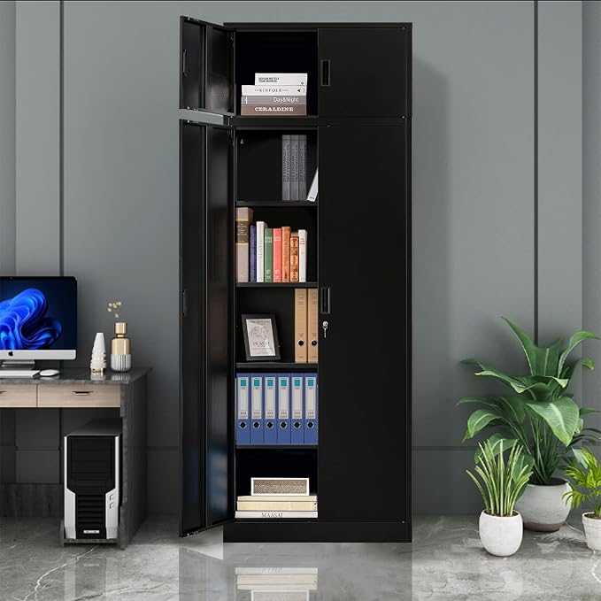 CJF Metal Storage Cabinet, 87 inch Tall Large Locking Cabinet with Top Cabinet, Garage Storage Cabinet with 4 Adjustable Shelves for Home Office, Garage and Utility Room-Black