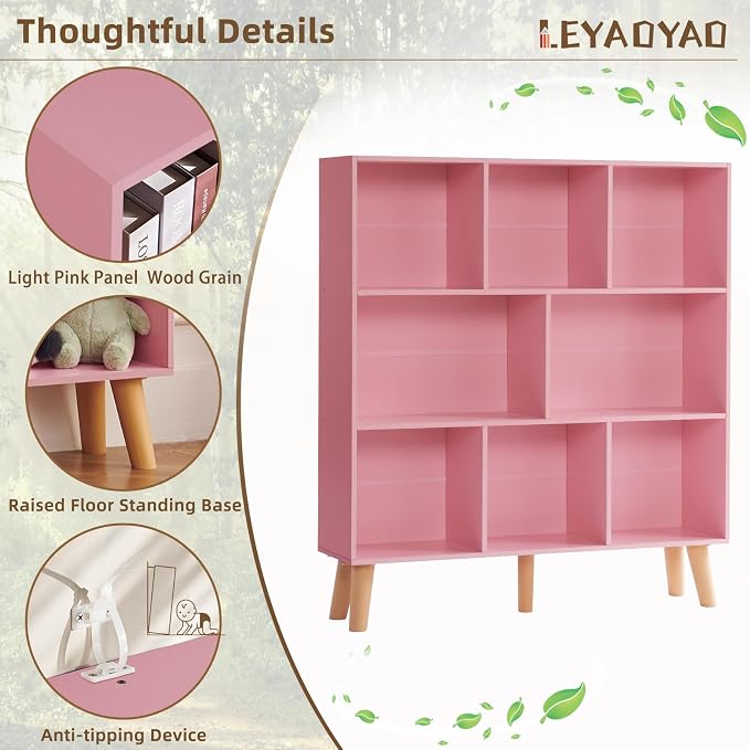 LEYAOYAO 8 Cube Bookshelf,Mid-Century Modern Bookcase with Legs,Light Pink | 3 Tier Book Shelf,Rustic Wood Bookshelves Freestanding Large Storage Organizer, Open Shelves for Bedroom, Living Room, Office