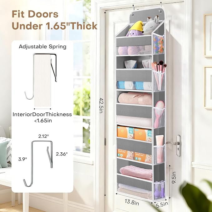 Over the Door Organizer, 5 Large Pocket Hanging Storage with 40lb Capacity | Space Saving Door Storage for Nursery, Bathroom, Bedroom and Closet, Baby Essentials and Toiletry Organizer, Grey