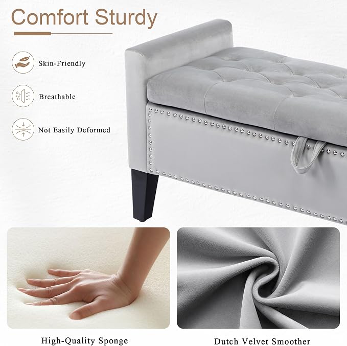 Velvet Storage Ottoman Bench, 46'' Upholstered Button Tufted End of Bed Bench, Modern Storage Bench for Bedroom, Living Room, Entryway, Grey