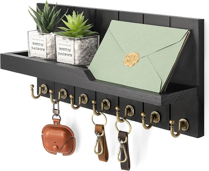 Rebee Vision Key Holder Wall Mount with 7 Hooks & Shelf for Entryway, Black | Key Holder for Wall, Floating Shelf, Display Plants & Letters, Mail Organizer, Rustic Key Rack, Decorative Home Accent