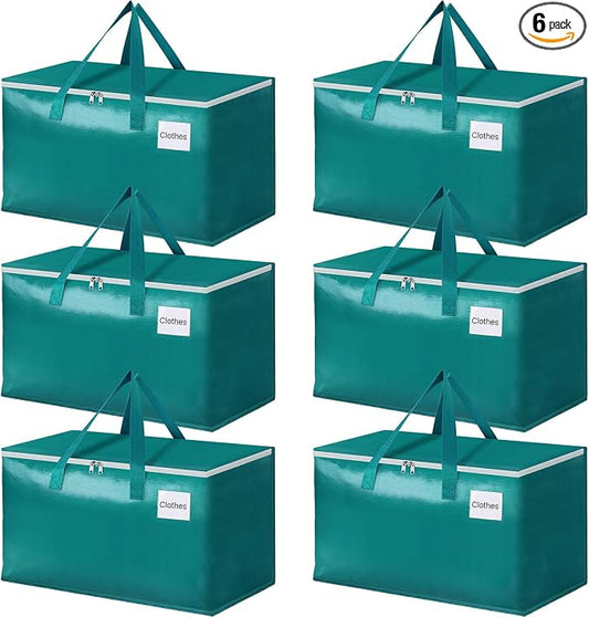 StorageRight Moving Bags-Heavy Duty Moving Boxes, Storage Totes with Zipper, Reinforced Handles and Tag Pocket-Collapsible Moving Supplies for moving, Storage and Travel 93L(Green-6 Pack)