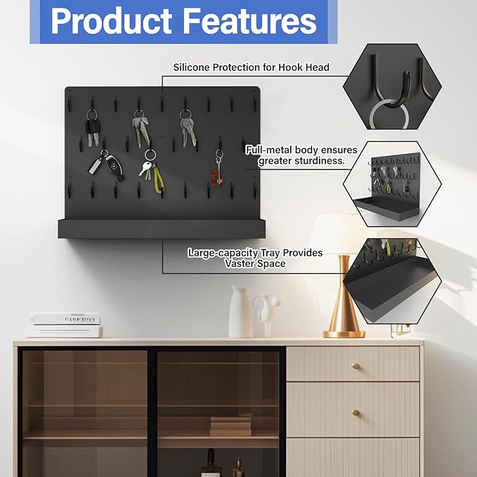 Key Holder for Wall, Metal Key Rack with 26 Hooks, 17" x13" Wall Mounted Key Hooks, Black Key Hanger for Garage, Car Dealer, Office, Hotel, Real Estate