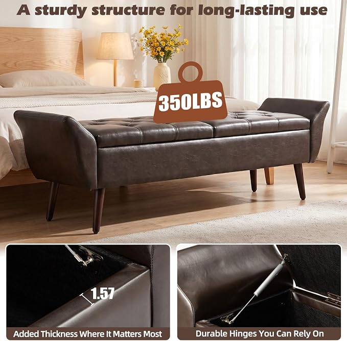 Storage Ottoman Bench 64’’Length 65L Faux Leather End of King Bed Bench