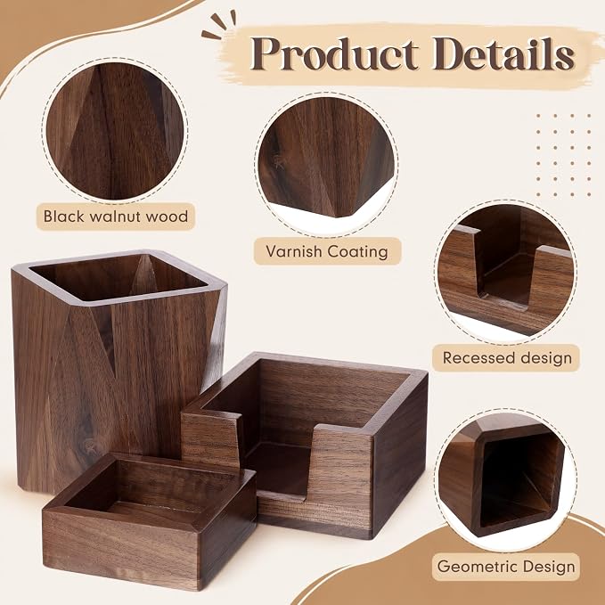 Novabright 3 Pcs Walnut Wooden Desk Organizer Set Office Desk Accessories | Desktop Writing Stationery Organizer, Wood Sticky Note Holder, Pencil Holder and Paperclip Storage for Craft Home Office