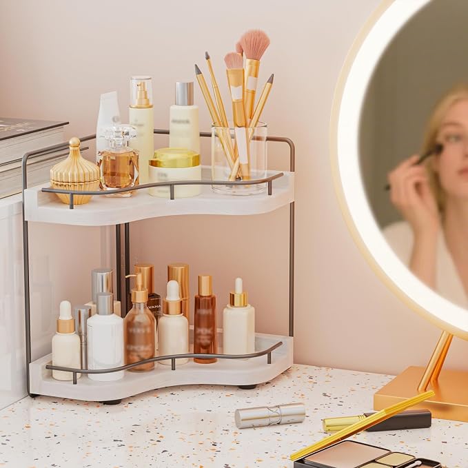2-Tier Corner Bathroom Counter Organizer, Larger Size | Embedded Screw Holes, Sturdy & Stable, Oversized, Holds More, Vanity Shelf for Makeup & Skincare