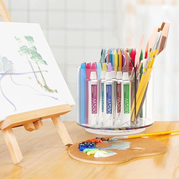 Pencil Holder for Kids, 360 Rotating Pen Holder for Desk Organizer and Storage, 4 Compartments Art Supply Marker Organizer, Acrylic Kids Desk Organizer for School Lazy Susan Organizer
