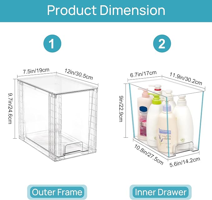 Vtopmart 2 Pack Clear Stackable Storage Drawers,9.7" High Plastic Organizers Bins for Skincare, Bathroom Supplies,Ideal for Cabinet,Undersink,Vanity,Kitchen,Pantry Organization