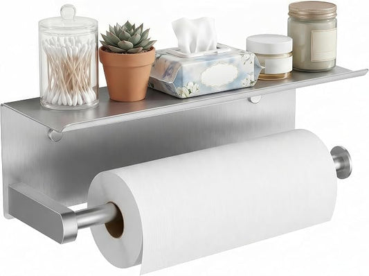 FORIOUS Wall Mount Paper Towel Holder with Shelf, Stainless Steel | Heavy Duty SUS304 Stainless Steel Paper Roll Organizer with Storage Spice Shelf, Screw-in for Kitchen, Bathroom, RV & Garage