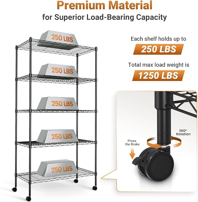 Simple Deluxe 5-Tier Heavy Duty Storage Shelving Unit, 1250 Lbs Loading Capacity, 29.92" W x 13.98" D x 61.02" H, Black