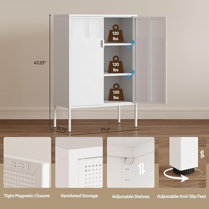 3-Tier Metal Storage Cabinet with 2 Adjustable Shelves & Mesh Doors | Metal Locker Accent Cabinet with Legs, White Storage Cabinets, Metal TV Stand Cabinet for Home Office, Entryway & Hallway
