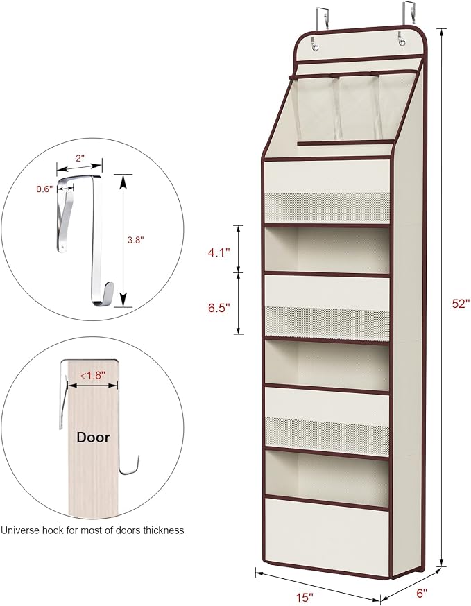 Univivi Fabric Over Door Hanging Organizer for Baby Nursery, Beige, 5-Shelf | Door Storage with Large Capacity Breathable Mesh Pockets, Over the Door Organizer for Baby Essential, Bedroom and Dorm