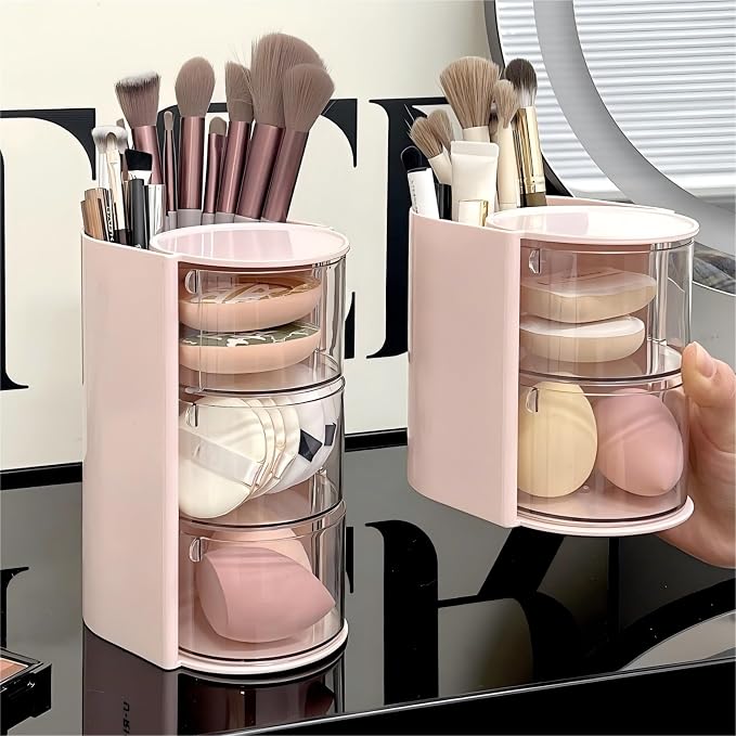 Azurphoric Hair Accessories Organizer with Hair Brush Holder(Pink, 2-Layer) | Rotatable Makeup Brush Holder for Necklaces, Earring, Bracelet, Ring, Makeup Brushes, Hair Clip and Hair Accessories
