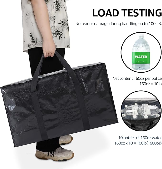 Moving Bags Heavy Duty Extra Large, Moving Boxes, Moving Supplies Essentials, Blue Storage Bins with Lids, Plastic Packing Totes, Storage Bags for Clothes with Handles & Zippers Black, 4 Pack