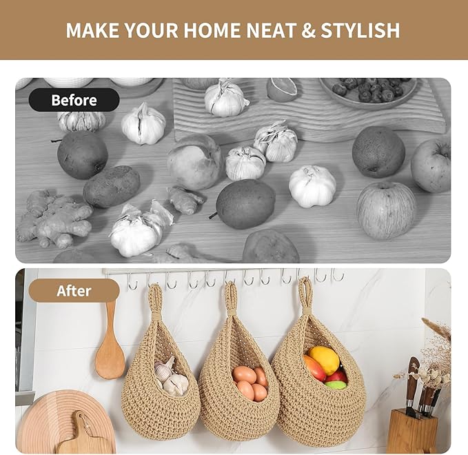 Boho Wall Hanging Fruit Baskets for Kitchen 3 Pack Woven Produce Holder with 6 Pcs Strong Hooks Vegetable Hanging Basket for Organizing Teardrop Home Wall Potato Onion Storage, Linen