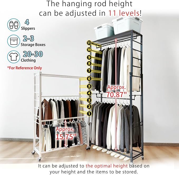 lumizone Folding Clothing Rack with Wheels Expandable White | Adjustable Garment Rack Portable Clothes Rack for Hanging Clothes Closet Shelves Durable Closet Racks for Hanging Clothes