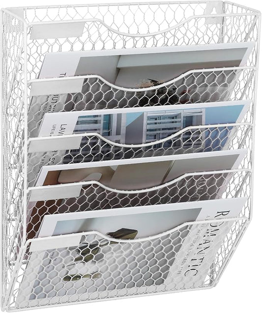 EASEPRES Mail Organizer Wall Mount Hanging File Holder Storage, Metal Chicken Wire Magazine Rack 5 Tier, White