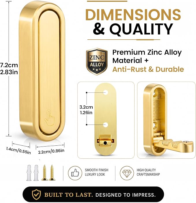 2PCS Foldable Wall Hooks, Flip Down Design with 40 lbs Heavy-Duty Capacity, Retractable Wall Hooks for Bathroom, Bedroom & Entryway Space Saving (Gold)