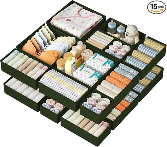 DIMJ Drawer Organizer Clothes 15 Pack - Foldable Baby Organizers and Storage & Dresser Organizer for Bedroom, Closet - Nursery Organization Dresser Dividers for underwear, Sock,Bra, Belt, Tie, Green