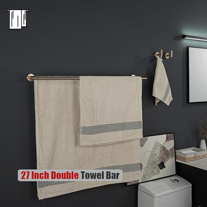 JQK Double Bath Towel Bar, 30 Inch 304 Stainless Steel Thicken 0.8mm Towel Rack for Bathroom, Towel Holder Champagne Bronze Wall Mount, Useable Length 27 Inch, TB100L27-CB