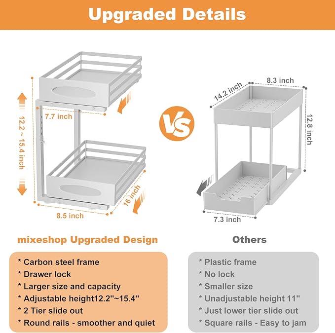 Under Sink Organizer, 2 Tier Under Sink Organizers and Storage, Adjustable Height, Slide out Metal Cabinet Organizers, Pull out Cabinet Storage Drawer Shelf for Kitchen Bathroom (White, 1 Pack)