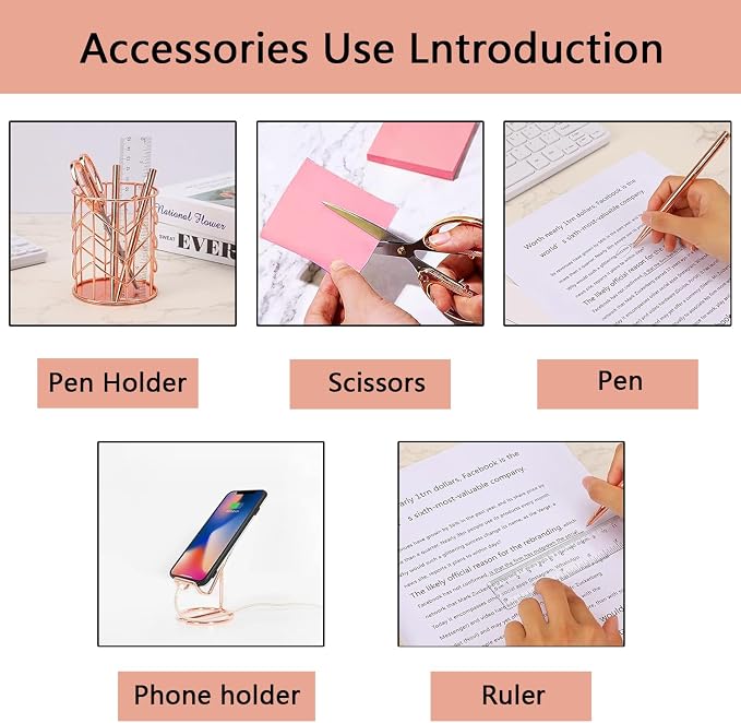 suniya Office Supplies,Rose Gold Desk Accessories,with Stapler,Tape Dispenser,Pen Holder,Scissors,Phone Stand,Staple Remover,Ballpoint Pen,Clear Tape,Staples,Ruler,Clips,Best Gift for Business or Boss
