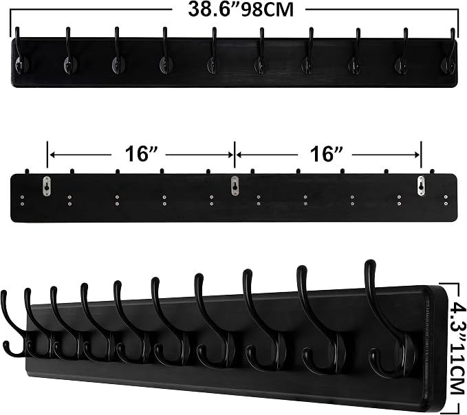 SKOLOO Large Black Wall Mounted Coat Rack - 38.6'' Long Coat Rack for Wall, Pine Solid Wood Coat Hook Hanger - 10 Hooks for Hanging Clothes Backpack Coats