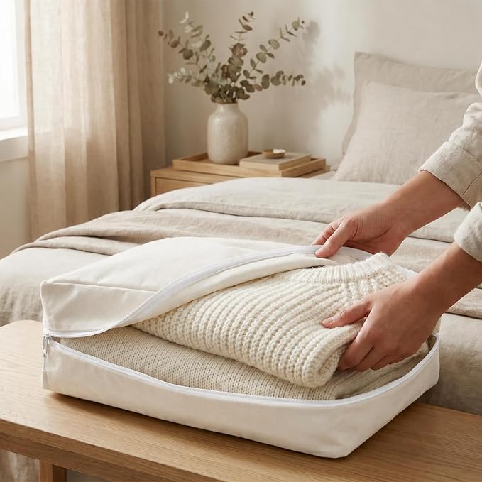 2 Pack Canvas Storage Bags for King/Queen Comforters Blanket, 25"x19"x9" | Fine Mesh Window & Handles, Cotton Blend Canvas, Breathable, Dustproof, Mothproof, for Duvet Sheets Bedding Pillows Clothes