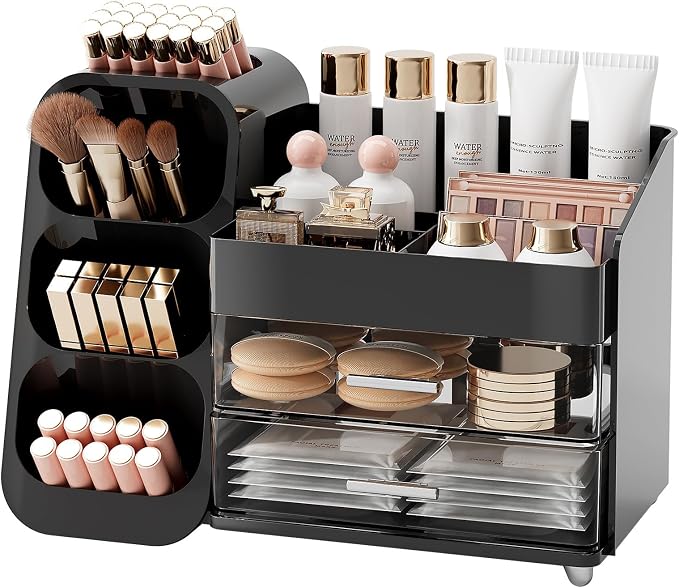 UFORU Makeup Organizer Countertop with Brush Holder for Vanity Bathroom | Large Capacity, Thickened Plastic, 2 Clear Drawers, Compact Size, Detachable Brush Holder, Divided Compartments, Easy Access