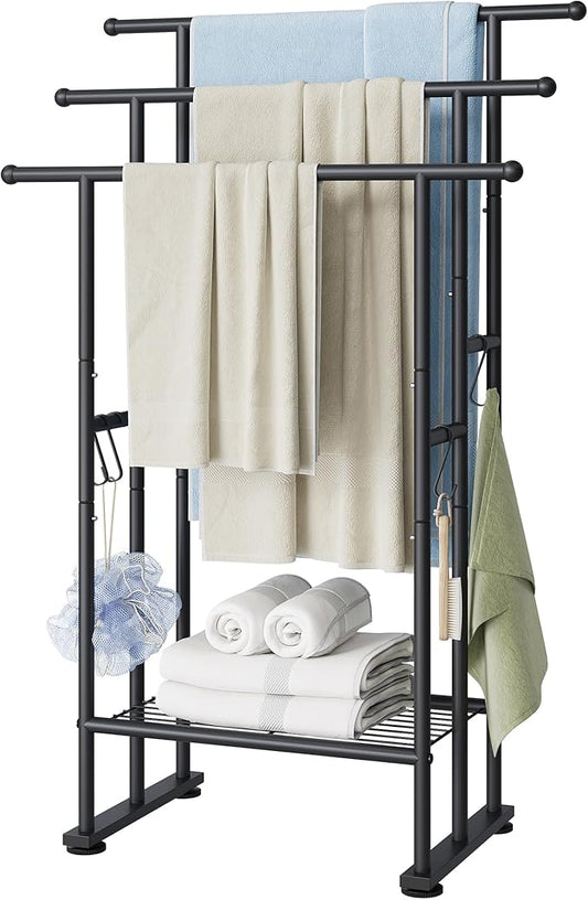 ELYKEN 3 Tier Freestanding Towel Rack with Shelf, 40" H Towel Stand, Black | Metal Drying Rack for Oversized Bath Towels & Blankets, 4 Hooks, Indoor & Outdoor Use, Fits Bathroom, Tub, Shower, Poolside