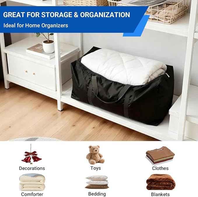 Extra Large Moving Bags, 6 Pack Black Oversized Storage Totes with Strong Zipper & Reinforced Full Loop Handles, Collapsible Storage Bags for Space Saving, for King/Queen Comforter, Blankets & Clothes