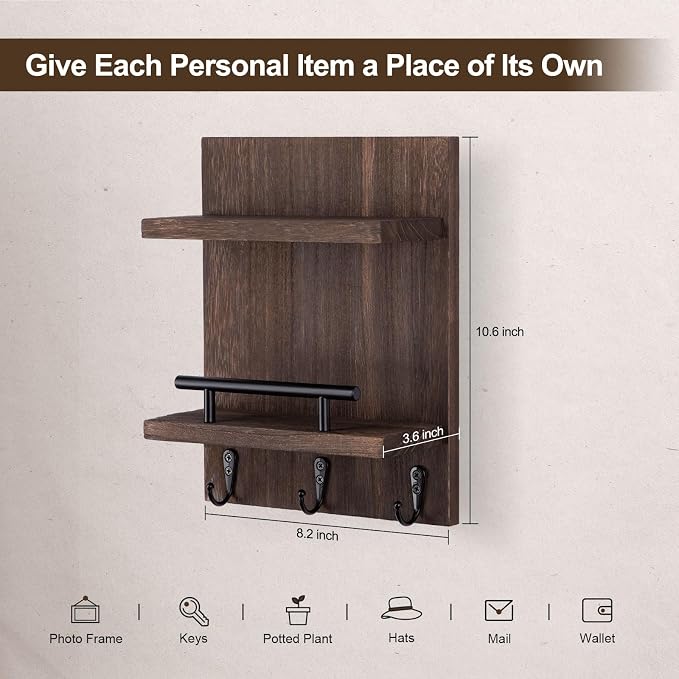 Key Holder Wall Mount, Mail Shelf Decor with 3 Key Hooks, Versatile Wood Wall Organizer for Entryway Hallway (8.2” x 10.6”x 3.6”) (Brown)