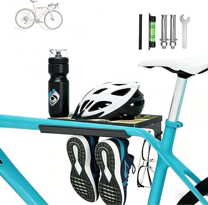 Bike Wall Mount, Horizontal Storage Rack with Helmet Shoes Hook | Space Saving Bicycle Mount Wall Hanger for Road,Mountain and Hybrid Bikes in Garage & Indoor- Max 66 lbs includes Wheel Strap