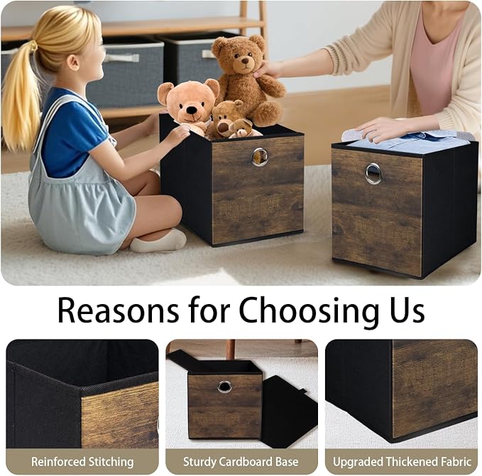 4 Pack Durable Storage Cube Bin with Decorative Wood Grain,Stylish Thickened Fabric Cube Box,Space-saving Storage Basket for Shelves,Closet,Office,Bedroom,Living Room,Nursery,Dorm,RV,13x13x13in(Large)