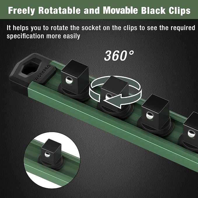 WORKPRO Magnetic Socket Organizer, Heavy Duty 1/2-Inch Drive Socket Rail | 1 Piece Socket Holder with 10 Spots, Aluminum Alloy, Rotatable & Movable Clips, Efficient Organization