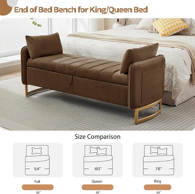 66'' King Size Storage Bench for Bedroom, Teddy Boucle End of Bed Benches for Foot of Bed, Storage Ottoman Bench with Golden Legs and Pockets for Living Room Window Entryway, Blrown
